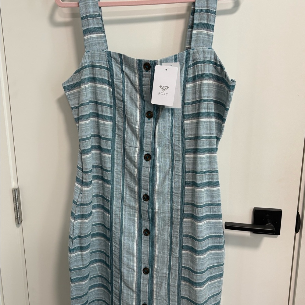 Roxy Blue-Striped Button-Front Midi Dress